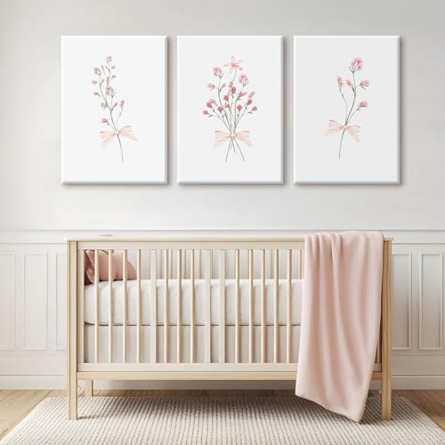 Nursery Flower Wall Art Girl Floral Canvas Wall Decor Boho Wildflower Art Poster Pink Bow Pictures Nursery Floral Prints Vintage Botanical Artwork for Girls Room Bedroom 16x24x3 Inch Ready to Hang by Olctedo - Used condition - Image 7