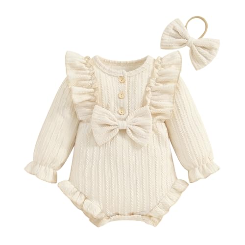 ZAXARRA Infant Baby Girls Fall Outfits Button Front Ruffle Long Sleeve One piece Rompers Cute Newborn Headband Clothing Sets