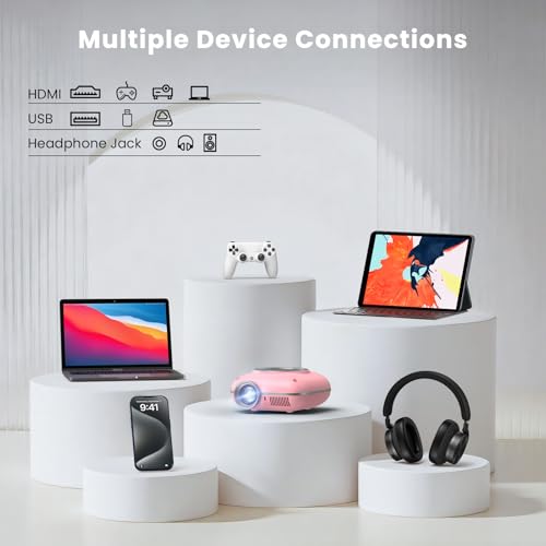 Image of HOMPOW Mini Projector with Two -Way Bluetooth, Portable Projector for Home Theater Use, Support 1080P for Indoor /Outdoor, Movie Projector Compatible with HDMI, USB, Laptop, TV Stick (Pink) /Slide Film
