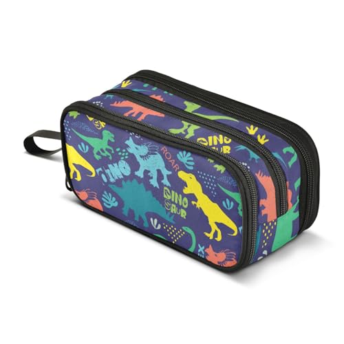 Image of Dinosaur Pencil Case Big Capacity Handheld 3 Compartments Pencil Pouch Portable Large Storage Canvas Pencil Bag for Boys Girls Adults Students
