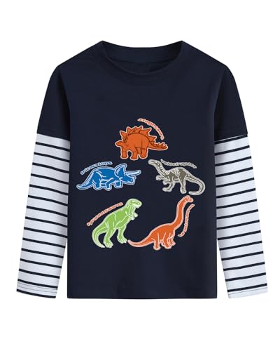 DHASIUE Maglia a maniche lunghe per ragazzi con draga, dinosauro, gioco di palla, pianeta il treno blu, a maniche lunghe, per bambini, 1-7 anni, taglia 92-122, dinosauro, 110