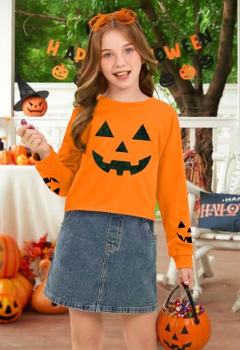 Image of BesserBay Girls Halloween Crop Tops Orange Print Spooky Shirt 6-14 Years