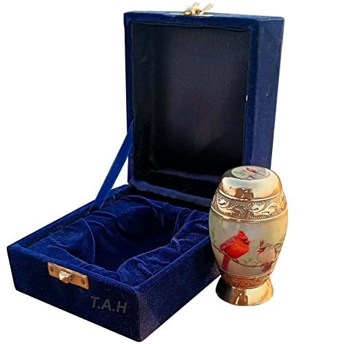 THE ANTIQUE HOUSE Jolie petite urne cardinal en laiton pour cendres humaines avec boîte bleue pour décoration d'intérieur et cadeau idéal pour votre bien-aimé Cover