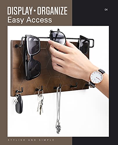 Sunglass-Organizer-Wall-Key-Holder-Decorative-Wood-Wall-Jewelry-Organizer-Glasses-and-Sunglass-Holder-Display-with-5-Hooks-Key-Rack-Hanging-Eyeglass-Storage-for-Entryway-Living-Room-Walnut