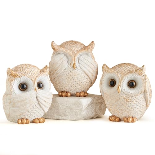 Set de 3 Figuras de Búhos Blancos y Dorados de Resina 4.9 in