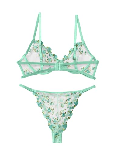 Image of Lilosy Sexy Floral Embroidered Mesh Sheer Underwire Lingerie Set