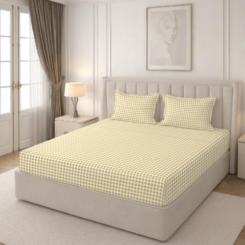 Image of MORADO Premium Glace Cotton 210 TC Double Bedsheet with 2 King Size Pillow Covers,90x100 Inches,Brown Check
