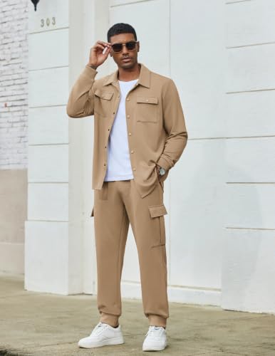 COOFANDY 2 Piece Set for Men Cargo Jacket Tracksuit Athletic, Khaki, Medium - image 2