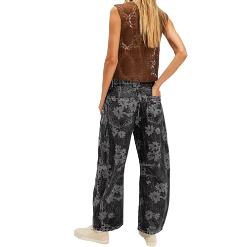 Barrel Jeans Women Y2k Floral Printed Boyfriend Jeans High Waist Baggy Wide Leg Denim Ankle Pants 90s Streetwear2