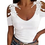 ♬ Características: Camiseta de manga corta de mujer, blusa camisa de color sólido con cuello redondo y hombros descubiertos de encaje verano túnica tops fiesta t-shirt original tee. que son más femeninos y sexys. Blusa casual de moda y casual, moderno y elegante. El diseño perfecto te mantendrá cómodo a la vez que elegante. Las camisetas de manga corta se ven elegantes y enérgicas.
