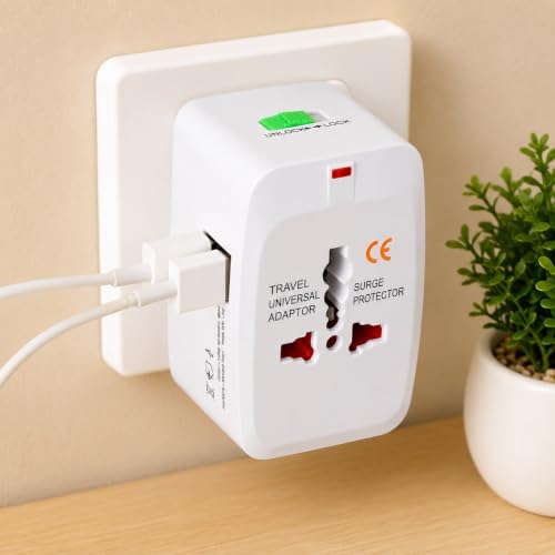 Image of Travel Universal Adaptor with Surge Protector, White, Universal Travel Adapter with Dual USB Port, Surge Protector, Multi Plug International Charger Adapter for US UK EU AU Sockets, 100-240V AC