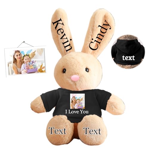 DRAJOIN Peluche Lapin Personnalisée, Lapin en Peluche Personnalisé avec Photo et Nom, Cadeau de Pâques pour Filles, Garçons, Enfants et Adultes, 35 cm