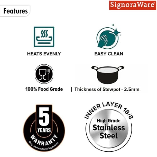 Image of Signoraware Artista Tri Ply Stainless Steel Hammered Stewpot 24cm with Lid | Induction & Gas Compatible | Durable | Perfect for Boiling Vegetables or Pasta | Ideal for Cooking Soups & Stews (Steel)