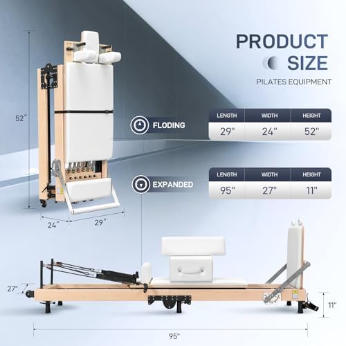 Foverós Pilates Reformer,Wood Foldable Pilates Machine & Equipment with Reformer Accessories,Reformer Box,Jump Board,Foot Strap (White-1)