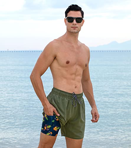 Cozople Men's Funny Bathing Suit Compreesion Lining Swim Trunks Boxer Brief Lined Pineapple Inner Print Board Shorts Army Green 2Xl #TOP1