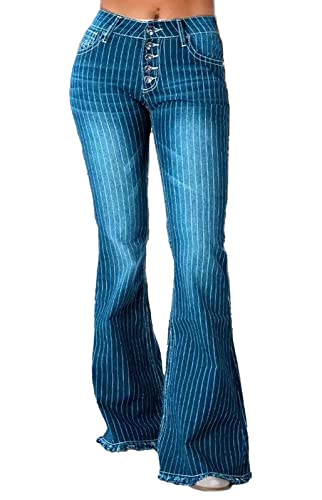 Women's Vintage Striped Ripped Bell Bottom Jeans High Waist Stretchy Hem Raw Flared Denim Pants