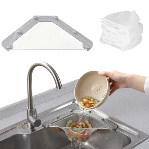 Kitchen Sink Triangle Holder Filter Strainer with Net Mesh Multipurpose Sink Strainer Hanging Bag for Food Waste Collection (Gray + 50 Filters Bags)