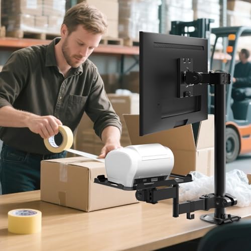 PUTORSEN Beamer Halterung & Thermodrucker Halterung, höhenverstellbare Stangenmontage mit Ablage (18x23 cm) und Schwenkarm (bis 5 kg), für Rohre Ø 2,8-6 cm, Quick-Clamp ohne Bohren
