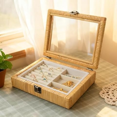 HuiDao Jewelry Box for Women, Boho Rattan Jewelry Organizer Box for Storage Earrings Rings Necklace Bracelet, Farmhouse Jewelry Boxes & Organizers with Clear Lid Cover