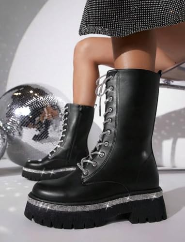 Wild Diva Munich-09 Women's Lug Sole Rhinestone Lace-Up Detail Faux Leather Combat Boots4