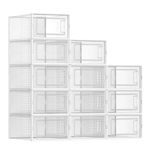 SONGMICS Shoe Boxes, Pack of 12 Shoe Storage Organizers, Stackable Clear Plastic Boxes for Closet, Sneakers, 13.1 x 9.1 x 5.6 Inches, Transparent and White ULSP12SWT