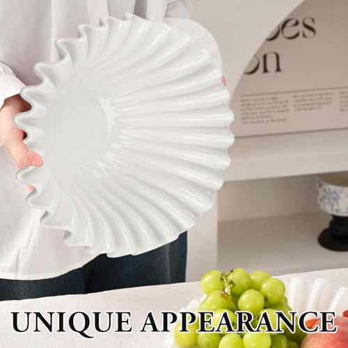 OdoVow 10'' Large Decorative Ceramic Bowl, Modern Handicraft Bowls for Home Decor, Decorative Fruit Bowl for Kitchen Counter, Scalloped Ruffle Key Bowls, For Entryway Table & Dining Table (White) — view 4