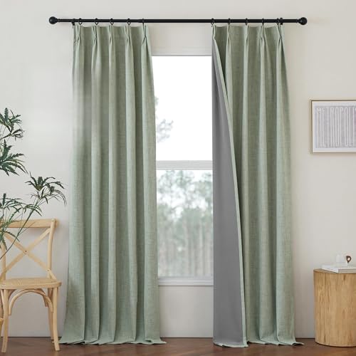 NICETOWN Sage Green Pinch Pleated 100% Blackout Curtains with Hooks W34 x 84 2 Panels for Bedroom, Thick Linen Blend Thermal Insulated Window Treatmen