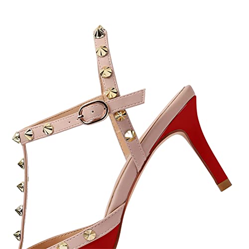 Image of XINIUNIU Studded Heels for Women Kitten Heels with Studs Stiletto Sandals with Rivet Ankle Strap Patent Leather Pointy Toe 2.5 Inch Party Daily Wear Evening Sandals
