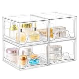 Stebopum 4 Pack Stackable Makeup Organizer, 4.4'' Tall Acrylic Bathroom Makeup Organizer and Storage Drawer with Pull-out Handle, Clear Plastic Storage Bins for Vanity,Pantry,Desk,Undersink,Kitchen