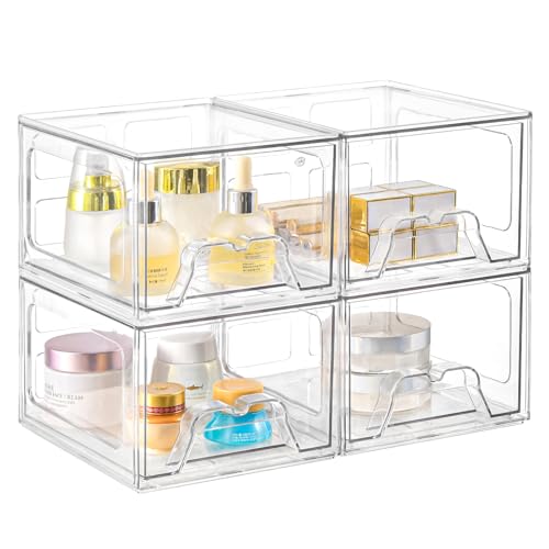 Stebopum 4Pack Acrylic Makeup Organiser, Stackable Plastic Storage Drawers, Clear Drawer Organiser for Vanity,Kitchen, Cupboard, Bathroom Storage Box