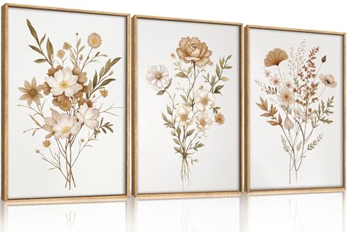 KAIRNE Neutral Boho Floral Wall Art Set of 3, Framed