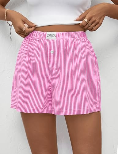 Image of LOMON Boxer Shorts for Women Summer Gingham Pajamas 2026 Lounge Sleep Pj Plaid Shorts Y2K Beach Bottoms with Pockets