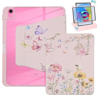 Rotation Case for iPad (A16) 11th/10th Generation 10.9'' inch 2025/2022, PU Leather 360 Degree Rotating Stand Protective Cover Clear Back, Pencil Holder, Auto Sleep/Wake Butterfly with Flowers