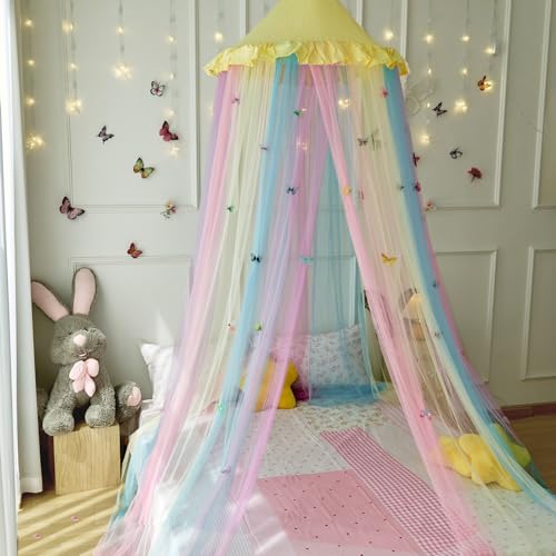 Image of Yellow Rainbow Bed Canopy with Butterflies for Girls,Breathable Canopy Bed Curtain for Bed,Princess Play Tent for Kids Room Reading Nook