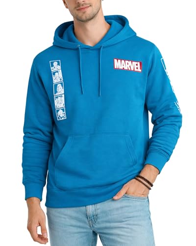 Marvel Men s Avengers Fleece Hoodie Sweatshirt Retro Iron Man, Hulk, Captain America, Thor, Spider-Man, Size Small, Marvel Blue