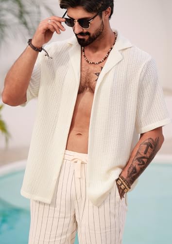 Men Summer Beach Shirts Stylish Hollow Out Button Down Shirt Casual Cuban Top (S-XXL)4