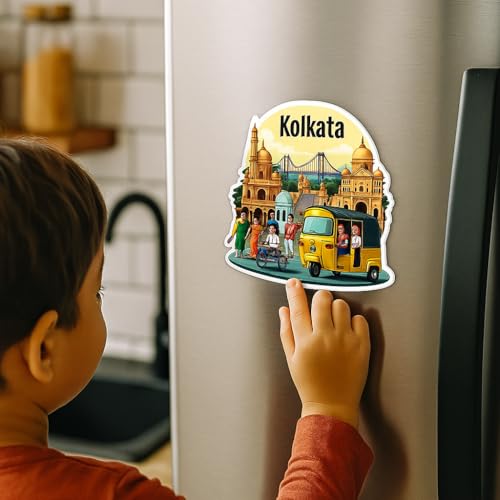 Image of Naxon Kolkata City Theme Souvenir Wooden Fridge Magnet for Refrigerator - Printed Fridge Magnet for Kitchen & Home Decor | Perfect Souvenir Gift | Size 3x3 in | Pack of 1