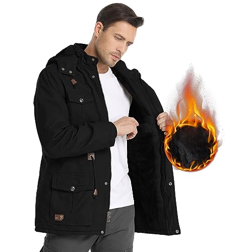 Men's Winter Jacket Military Jacket Fleece Lined Warm Cargo Jackets Removable Hood Cotton Work Coat4