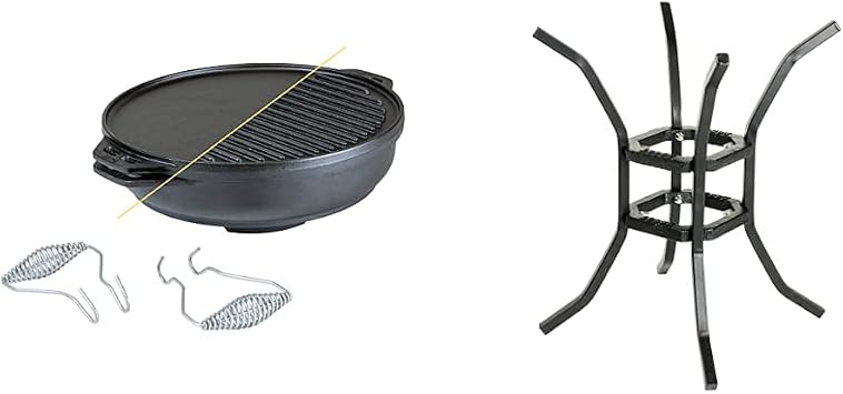 Lodge Cast Iron Cook-It-All Kit. Five-Piece Cast Iron Set includes a Reversible Grill/Griddle 14 Inch, 6.8 Quart Bottom/Wok, Two Heavy Duty Handles, and a Tips & Tricks Booklet. & Fire and Cook Stand