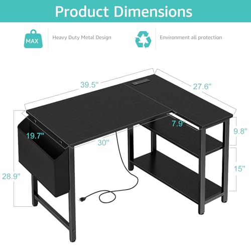 Lufeiya Small L Shaped Desk with Power Outlet Shelves, 40 Inch Corner Computer Desk for Small Space Home Office, L-Shaped Gaming Desk PC Desks with Charging Station, Black by Lufeiya - Used condition - Image 3