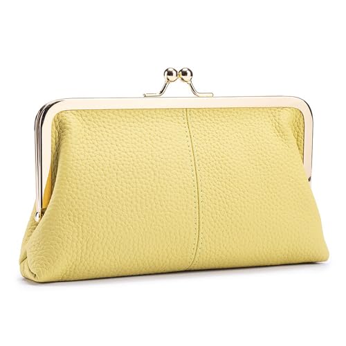 Image of Vintage Kiss Lock Leather Wallet for Women, Clutch, Yellow | Genuine Leather, Multi-card Slots Card Holder Clutch Purse Travel Wallet