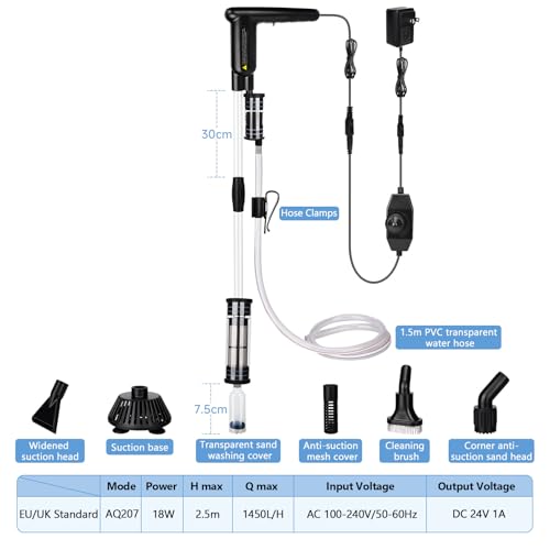 AQQA Aquarium Mulmsauger,7‑in‑1 Elektrischer Aquarium Wasserwechsel,Einstellbarer DC 18W Aquarium Sand Reiniger,Aquarium Kiesreiniger zubehör zum Wasserwechsel,Sandwaschen und Zirkulation