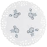 Linens, Art and Things Mantel redondo bordado con diseño de playa de conchas marinas azules sobre blanco, mantel pequeño (23 pulgadas redondo)