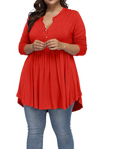 Allegrace Women's Plus Size Henley V Neck Button Tunic Tops Long Sleeve Swing Flowy Shirts Red 3X