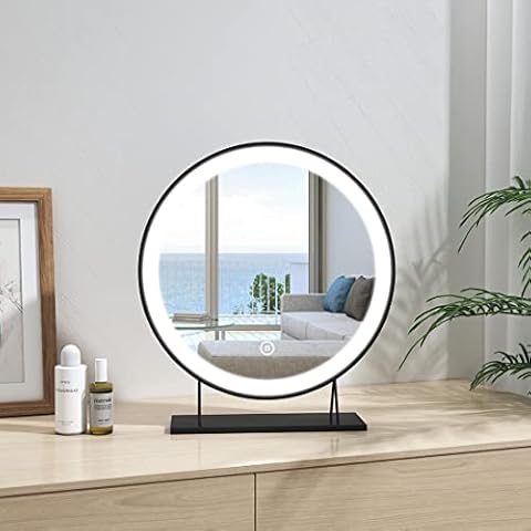 Heilmetz LED Round Hollywood Makeup Mirror, LED Vanity Mirror Touch Dimmable Table Makeup Mirror 3 Colours Lighting, Black, ф400 x 35mm Cover
