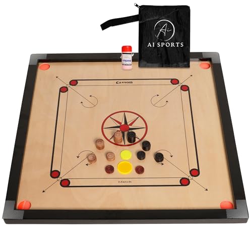 AI Sports Carrom Board 3333 Inch with 25 Pieces Full Size Wooden Carrom Set with Coins Striker Powder & Carry Bag | Indoor Family Board Game
