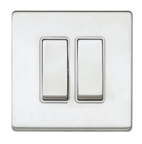 MK Aspect K23472 BSS W Double 20 amp 2-Way Rocker Switch (Large), Brushed Stainless Steel With White Insert