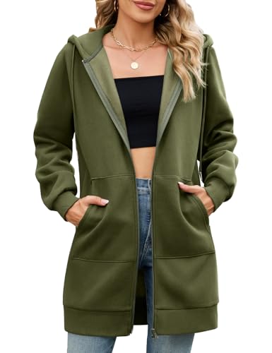 Yuson Girl Womens Zip Up Long Hoodies Fleece Longline Hooded Jackets for Women UK Casual Long Sleeve Fall Jacket Lightweight Sweatshirt Loose Plus Size Coat for Sport with Pockets(Army green, L)