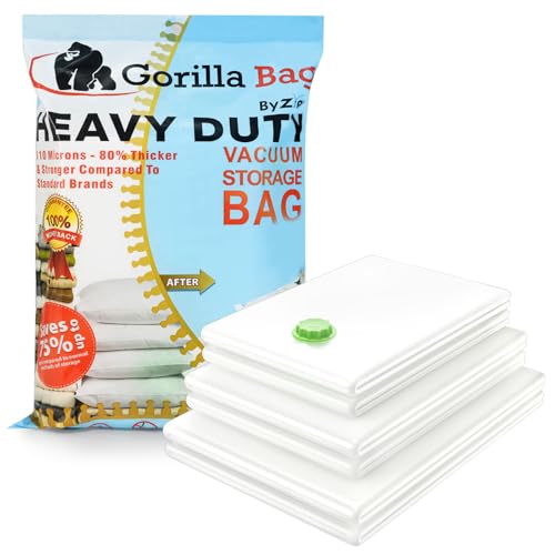 HEAVY DUTY 6 VACUUM STORAGE BAGS by Gorilla Bags. 2 Large (100x80cm), 2 Medium (60x80cm), 2 Small (60x80cm). Double Zip Seal & Unique Turbo Valve Keeps Items Compressed For Longer