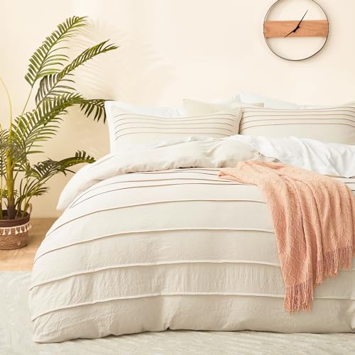 DJY Beige Duvet Cover King Size -Boho Pleated King Quilt Set, 3PCS Soft and Breathable Textured Bedding Set with Zipper Closure (Beige, 230x220cm)